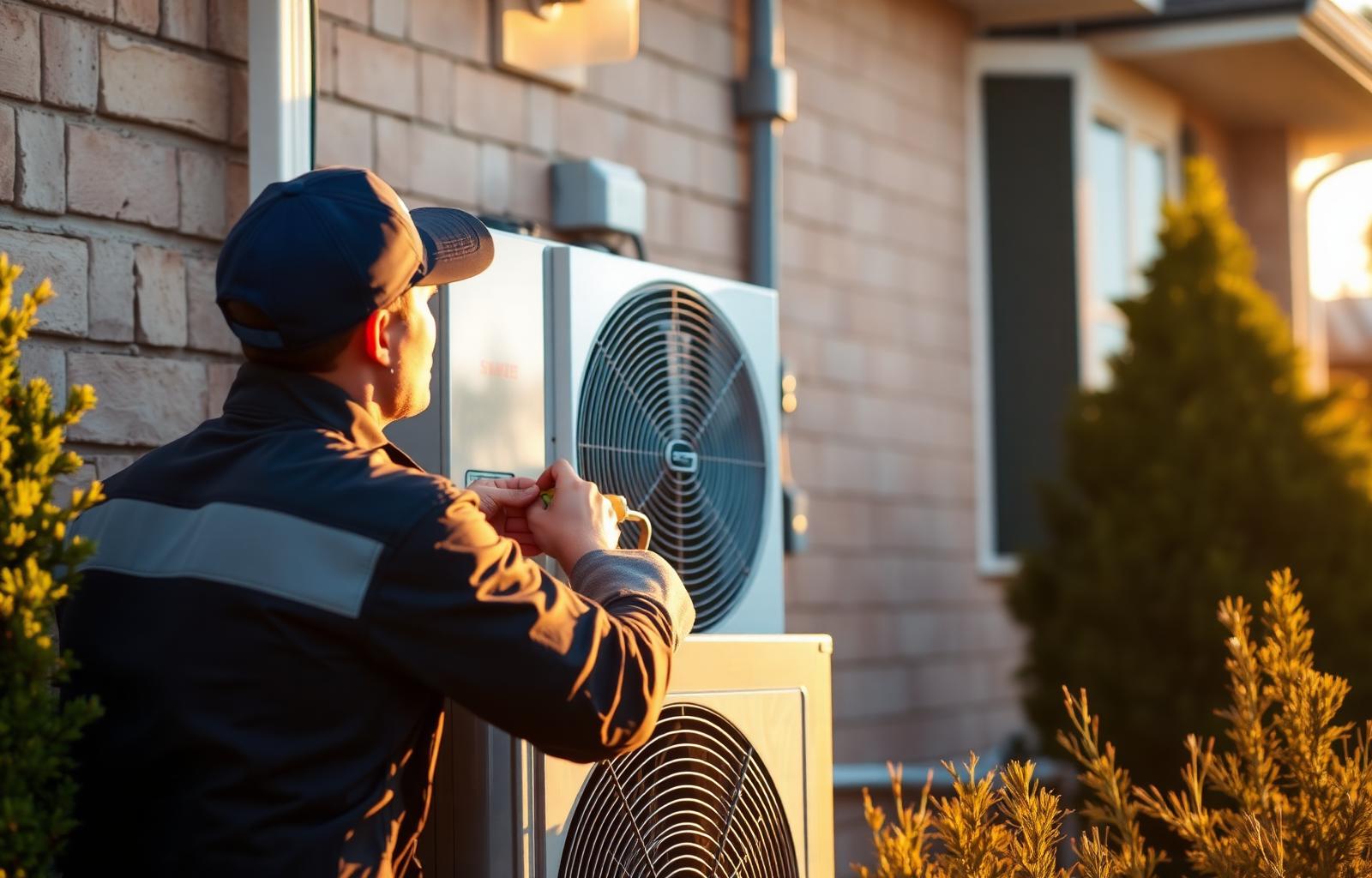 HVAC technician servicing an air conditioner at a Brampton home